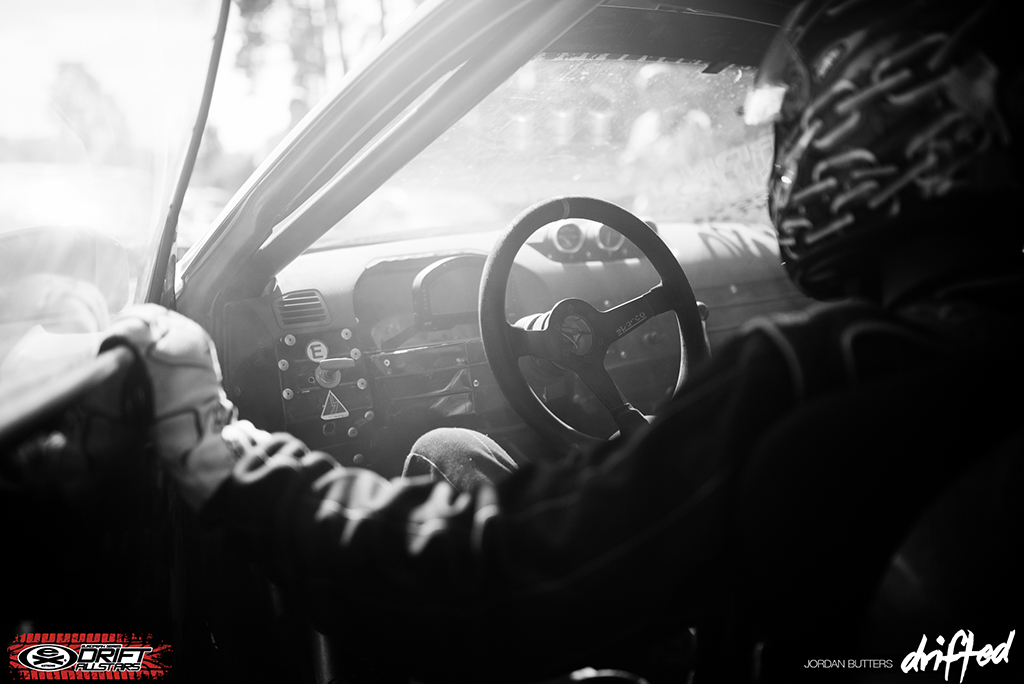 drift car interior with racing steering wheel