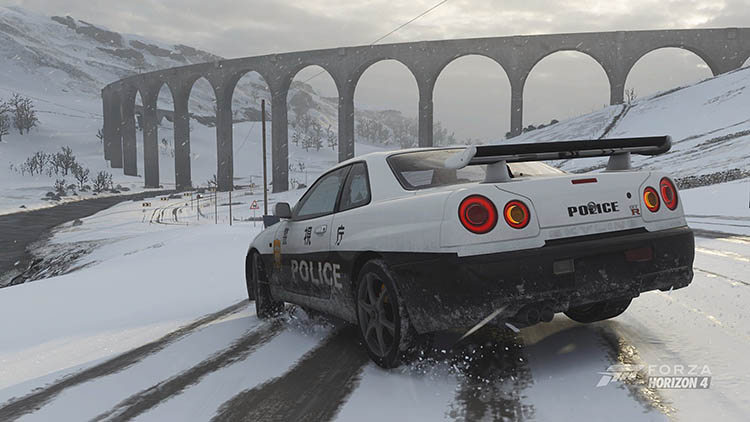nissan skyline r34 gt r police car drift tuning snow